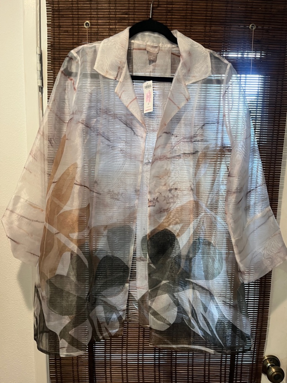 Chico's Sheer Botanical Print Button-Up Blouse in White, Black, Brown